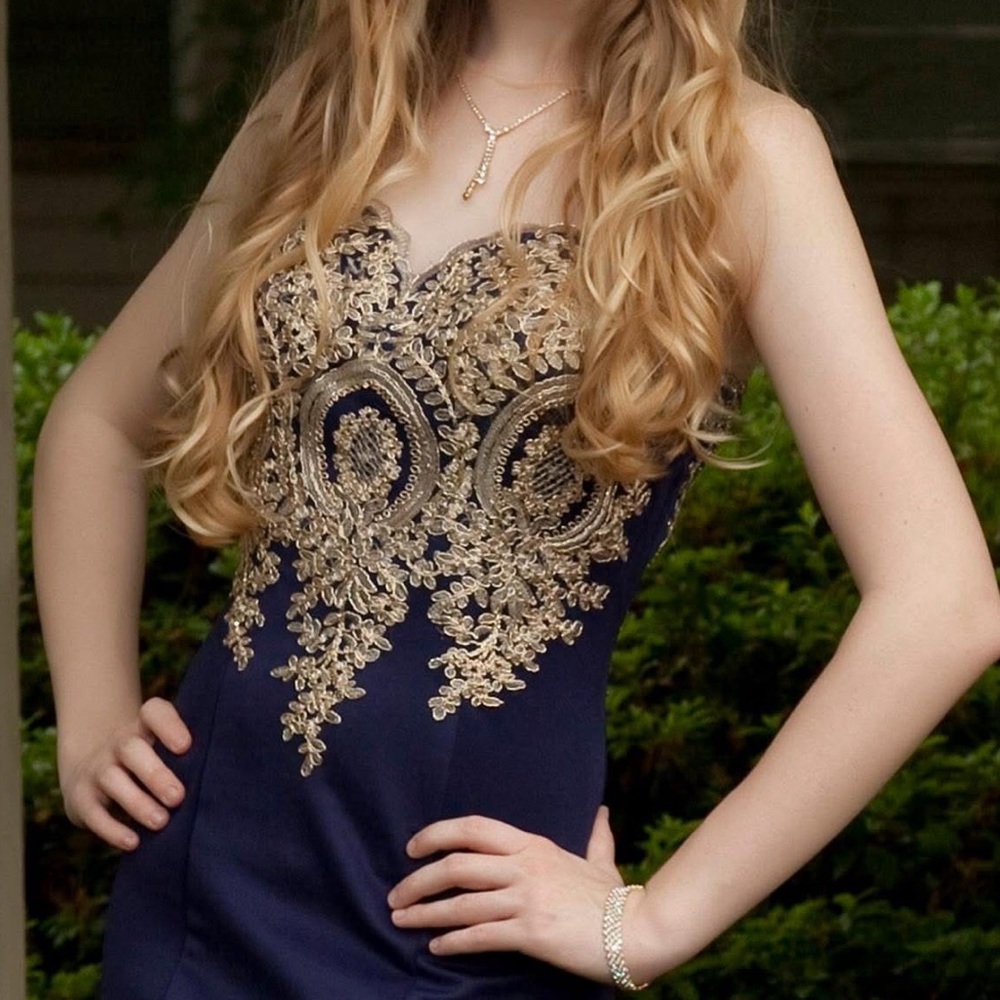 PROM DRESS: Elegant Navy and Gold Embroidered Dress